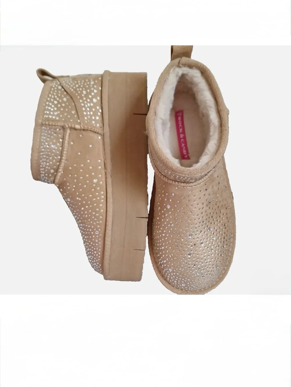 Rock & Candy Samira Tan Embellished Faux Fur Lined Platform Ankle Boots size 8